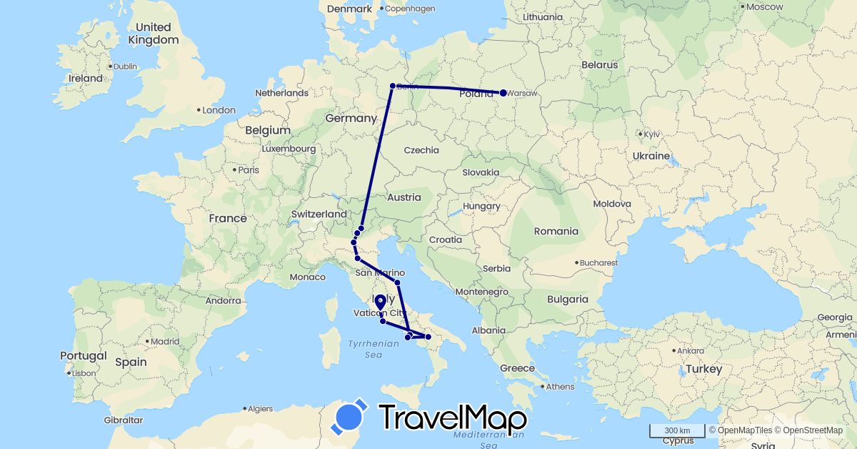 TravelMap itinerary: driving in Italy, Poland (Europe)